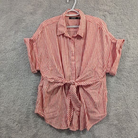 Lauren Ralph Lauren Linen Shirt Women 2X Red Striped Tie Front Short Sleeve NWOT - Picture 1 of 11